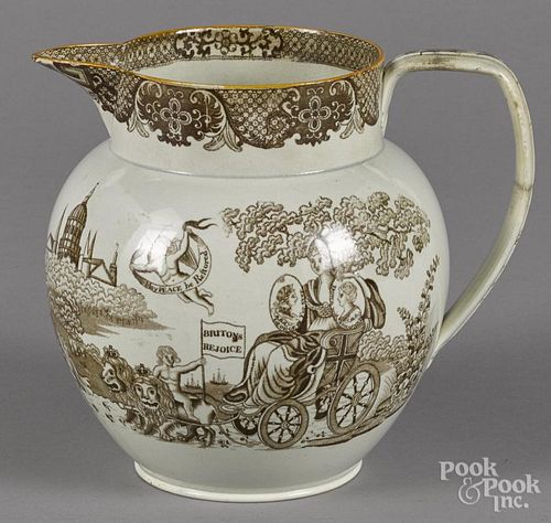 Pearlware pitcher, 19th c., with transfer decoration of Britannia holding plaques, inscribed George