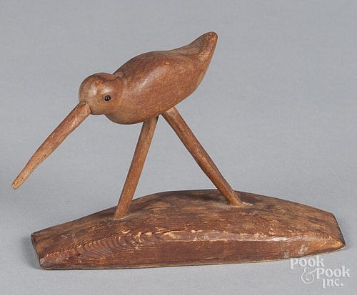 Carved miniature shorebird, ca. 1900, inscribed Townsend Wanser on base, 3 1/2'' h.