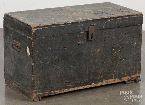 Painted pine storage box, 19th c., with tack decorated initials MS, retaining an old blue/black su