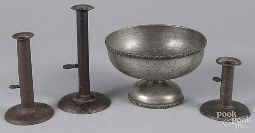 Three tin hogscraper candlesticks, 19th c., tallest - 8'', together with a silver plate compote, 5'' h