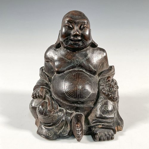 Antique Chinese Wood Inlaid Silver Buddha Figure