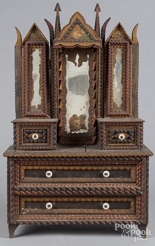 Carved and painted tramp art doll dresser, ca. 1900, with inlaid masonic symbols on glove boxes and