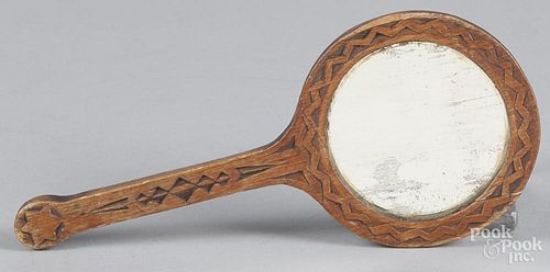 Chip carved hand mirror, 19th c., 11'' l.