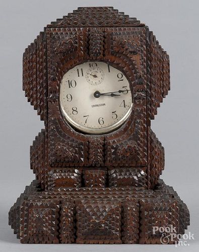 Tramp art mantel clock, ca. 1900, with a paper dial, inscribed Livingston, 13'' h., 9 1/2'' w.