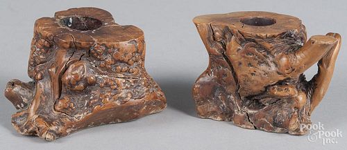 Pair of burl candle holders, 19th c., 3 1/2'' h.