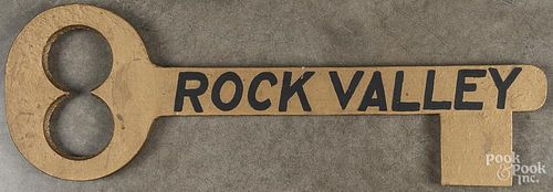 Large pressboard key trade sign, 20th c., inscribed Rock Valley, 28 1/4'' l.