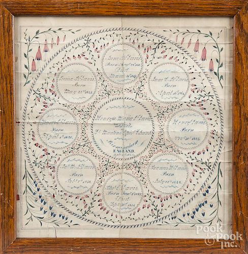 English watercolor family record for Henry & Maria Davis, married 1844, Birmingham England, 12'' x 11