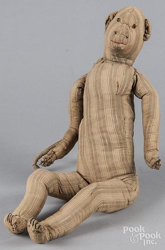 Stuffed fabric monkey, ca. 1900, with shoe button eyes, 26'' h.