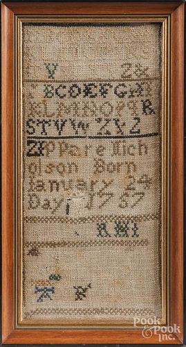 Silk on linen sampler, ca. 1800, 9 3/4'' x 4 1/2''.