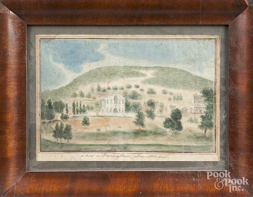 Pennsylvania watercolor landscape titled A View in Downingtown (Lancaster Road), early 19th c., 7