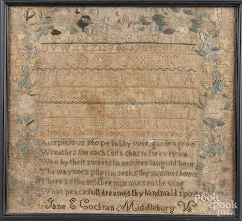 Middleburg, Virginia silk on linen sampler, ca. 1800, by Jane Cochran, with alphabet above a verse w
