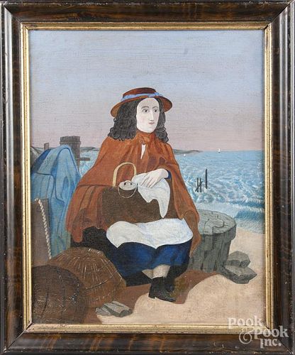 Oil on board portrait of woman seated on a shoreline, 20'' x 15 3/4''.