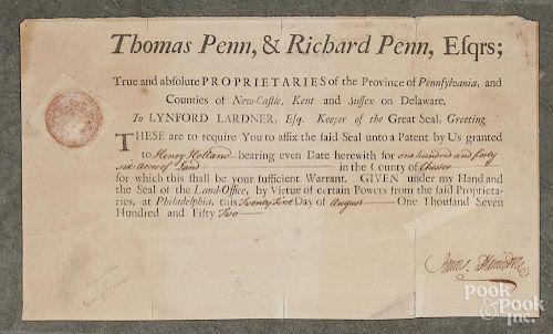 Thomas and Richard Penn land grant, dated 1752, for land in Chester County, Pennsylvania, together