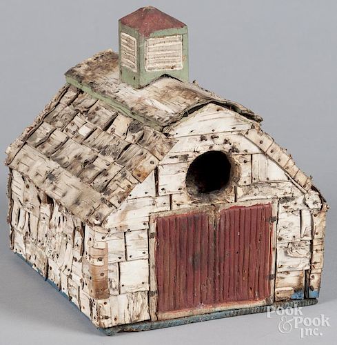 Adirondack birch bark and painted pine bird house, early 20th c., 9 1/2'' h., 8 1/4'' w.