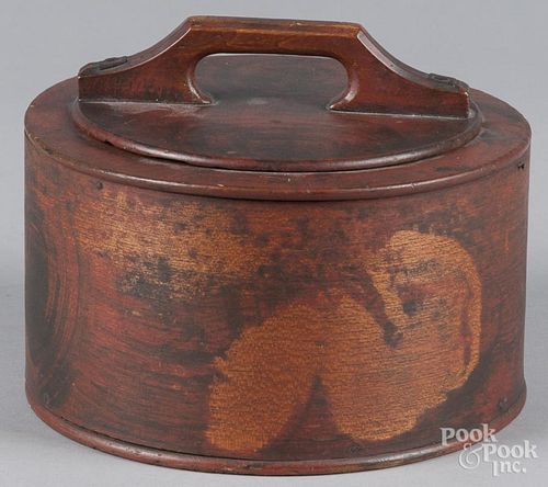 Painted bentwood lidded box, 19th c., retaining the original red and black swirl surface, 6 1/2'' h.,