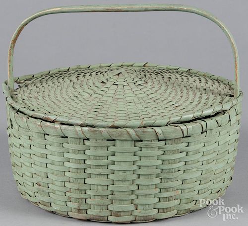 Unusual painted splint pie basket, 19th c., retaining an old green surface with lid and fixed handle