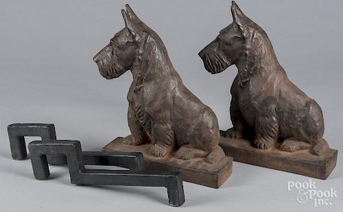Rare pair of Scottish Terrier cast iron figural andirons, 19th c., 14'' h.