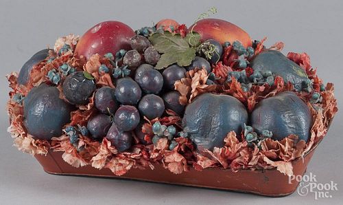 Doris Stauble wax flower arrangement, 20th c., in a red tole bread tray, 14'' w.