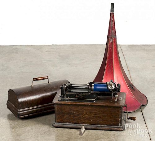 Edison home phonograph in an oak case, early 20th c., with a painted tin morning glory horn, horn -