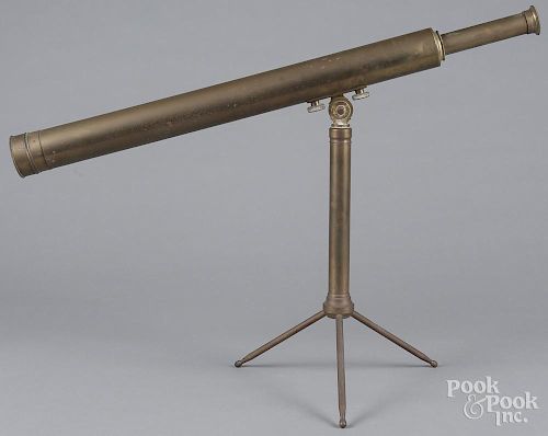 E. B. Meyrowitz brass single draw telescope, ca. 1900, on a tripod stand, with case - 24 3/4'' l.