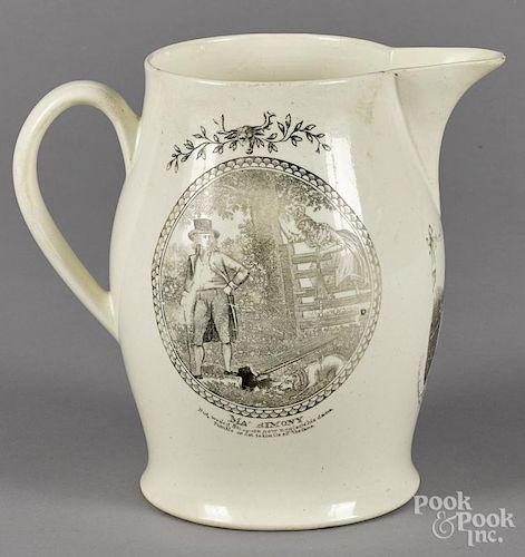 Liverpool Herculaneum pitcher, 19th c., with transfer decoration of Mrs. Clarke and Matrimony, 9'' h.