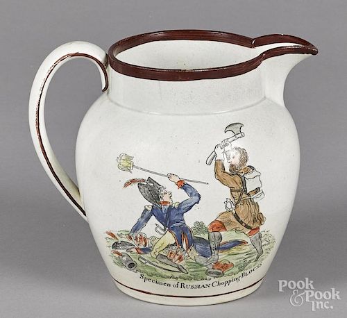 Pearlware pitcher, 19th c., with transfer decoration of Specimen of Russian Chopping Blocks and A Ru