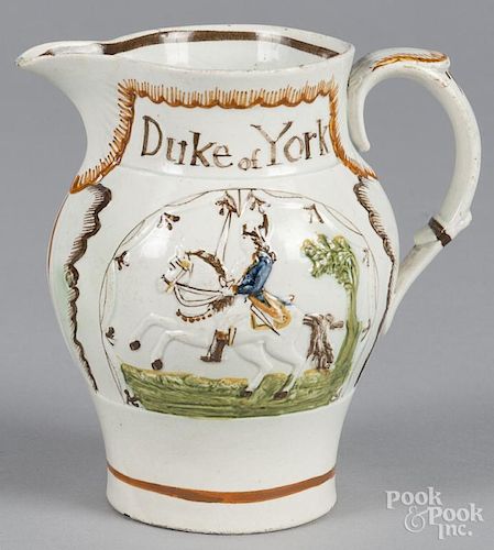 Pratt type pearlware pitcher, 19th c., with relief decoration of Duke of York and Prince Cobourg, 5