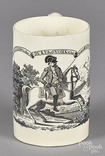 Liverpool creamware mug, 19th c., with transfer decoration of Success to the Duke of York & His Brav