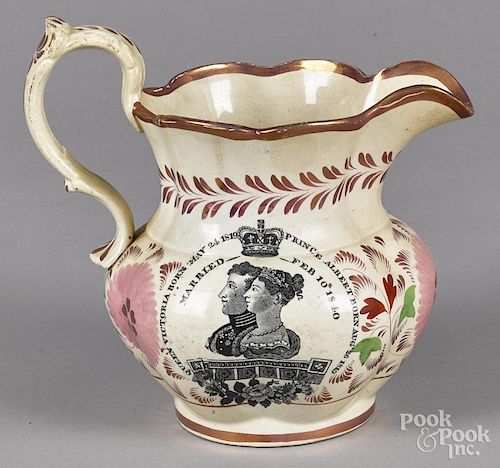 Davenport Staffordshire pitcher, 19th c., with transfer decoration of the marriage of Queen Victoria
