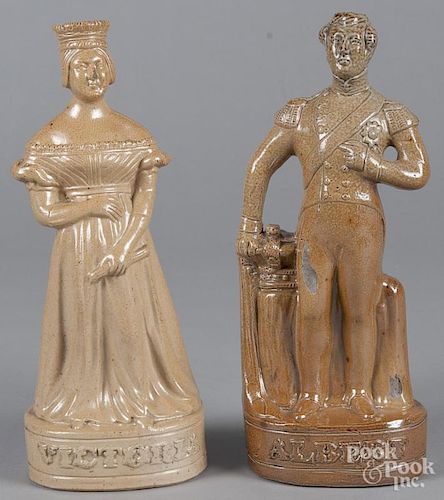 Pair of salt glaze stoneware flasks, 19th c., of Queen Victoria and Prince Albert, 11 1/4'' h.