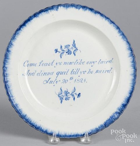 Pearlware blue feather edge plate, dated 1821, with central motto, 9 1/2''dia.