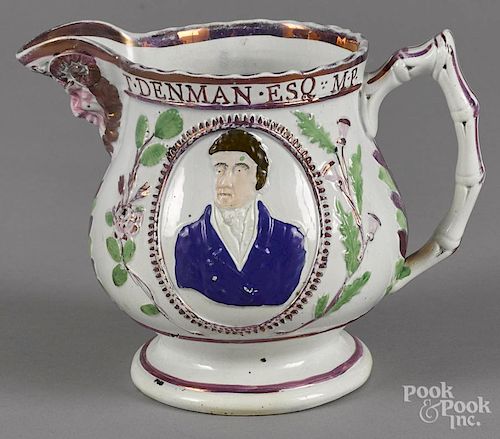 Pearlware pitcher, 19th c., with relief decoration of T. Denman and H. Brougham, 6'' h.