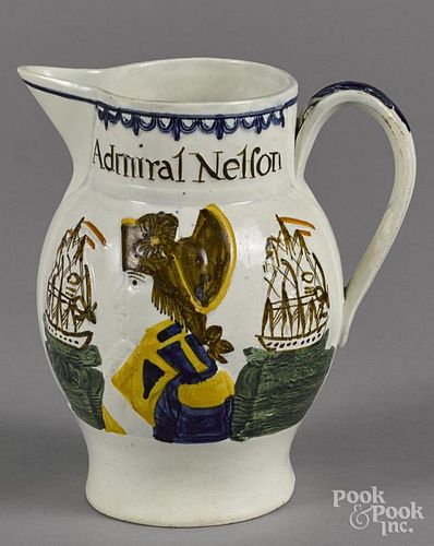 Pratt type pearlware pitcher, 19th c., with relief decoration of Admiral Nelson and Captain Berry, 6
