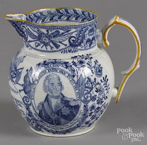 Pearlware pitcher, 19th c., with transfer decoration of Admiral Nelson, 5 3/4'' h.