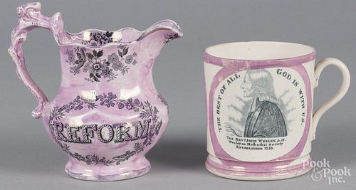 Pink lustre mug and pitcher, 19th c., with transfer decoration of John Wesley and Lord Brougham, 4 1