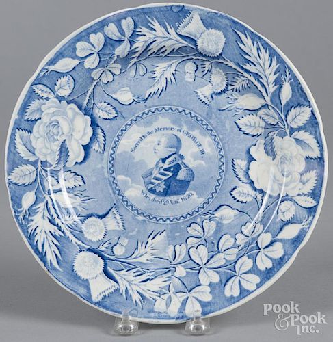 Blue Staffordshire plate, 19th c., with transfer decoration of Sacred to the Memory of George III, 1