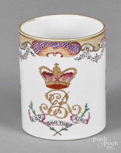 Chinese export porcelain mug, late 18th c., inscribed God Save the King, 4 1/2'' h.