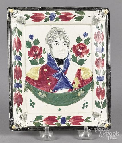 Staffordshire plaque, 19th c., with relief decoration of George IV, 7'' x 5 3/4''.