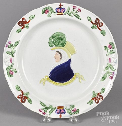 Pearlware plate, 19th c., with relief decoration of Queen Caroline, 9 3/8'' dia.