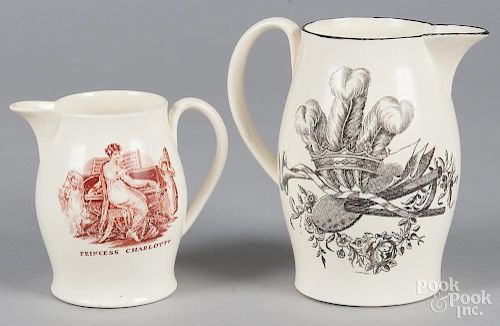 Two Liverpool creamware pitchers, 19th c., decorated with Princess Charlotte and the Prince of Wales