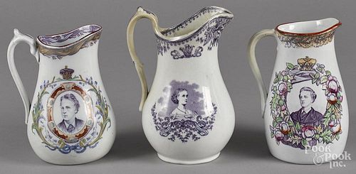 Three ironstone pitchers, 19th c., with transfer royal portraits, tallest - 8 3/4''.
