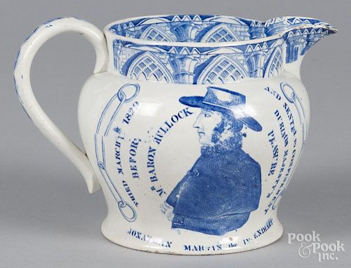 Pearlware pitcher, 19th c., with transfer decoration of Jonathan Martin and the fire at York Minster