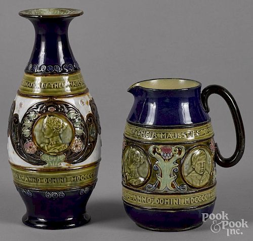 Doulton Lambeth vase and pitcher, commemorating the coronation of King Edward VII & Queen Alexandra
