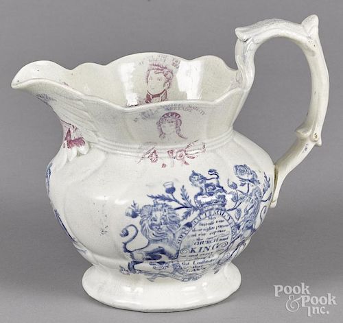 Staffordshire pitcher, 19th c., with transfer decoration of the coronation of William IV and Adelaid