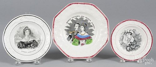 Three Staffordshire plates, 19th c., with transfer decoration of Queen Victoria and Prince Albert, Q