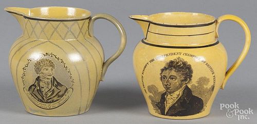 Two canary yellow pitchers, 19th c., with transfer decoration of Sir Francis Burdett, the reverse wi