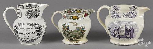 Three Staffordshire pitchers, 19th c., with transfer decoration of Father Matthew, The Zealous & Suc