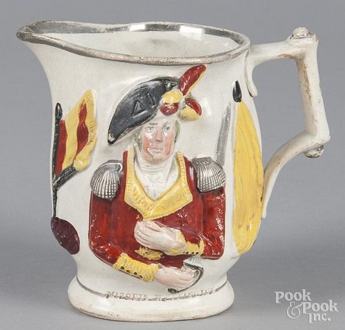 Staffordshire pitcher, 19th c., with relief decoration of Marquis Wellington and General Hill, 5 1/4