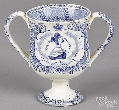 Blue Staffordshire loving cup, 19th c., with transfer decoration of Queen Victoria, 6'' h.