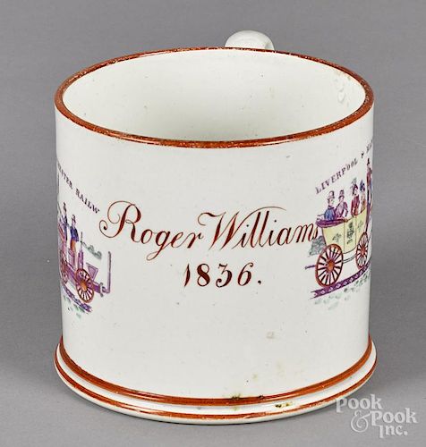 Staffordshire mug, inscribed Roger Williams 1836, with transfer decoration of the Liverpool & Manc